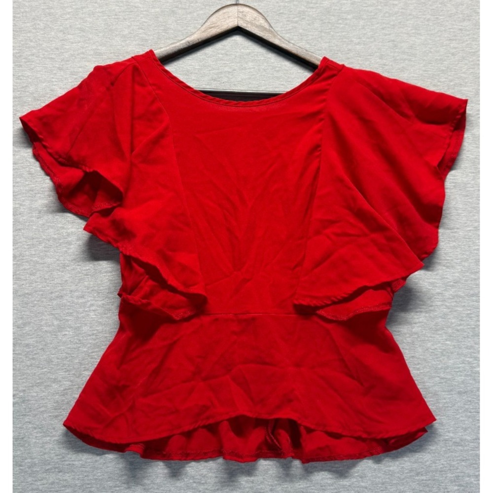 TEMT Blouse Top Womens 12 Red Stretch Ruffle Flutter Sleeve Peplum Hem Back Zip